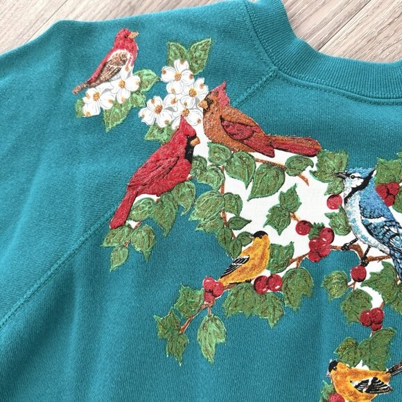 Vintage 80s Hand Painted Glitter‎ Bird Sweatshirt Womens XL Holiday Christmas - Picture 3 of 7